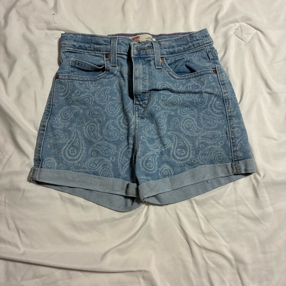 Paisley Print Denim Shorts - Light Blue